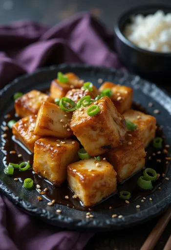 Tofu asado en marinada de soja servido