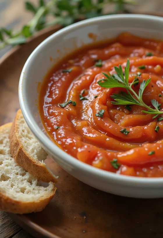 Salsa de tomate con estragón y canela servida