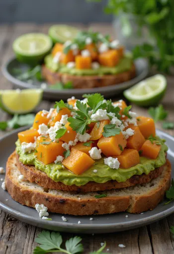 Tostada con boniato, aguacate y queso feta, decorada con cilantro fresco