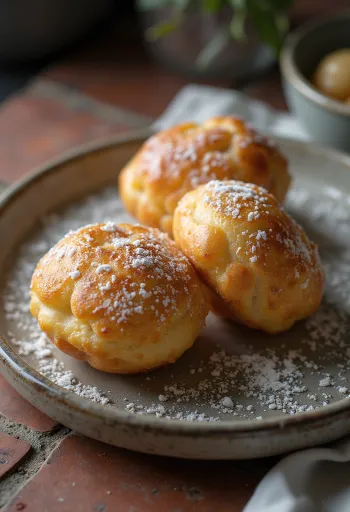 Æbleskiver al cardamomo, espolvoreado con azúcar glas