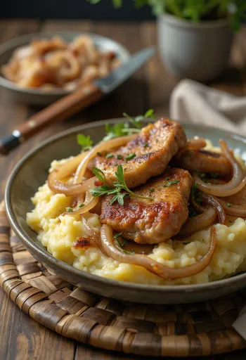 Hígado de pollo encebollado con puré de patatas y perejil