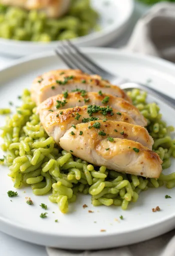 Pechuga de pollo con arroz al pesto servido