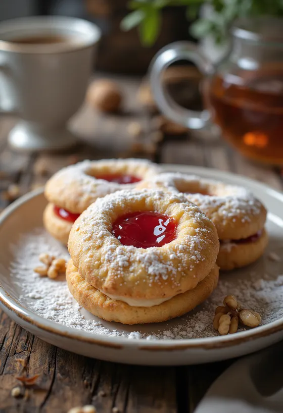 Linzer de nueces con azúcar glas y relleno de mermelada