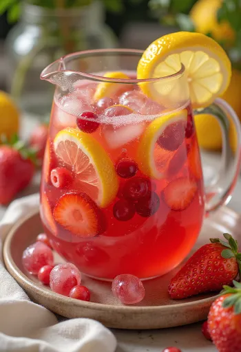 Limonada refrescante de fresa y grosella en vaso con menta y hielo