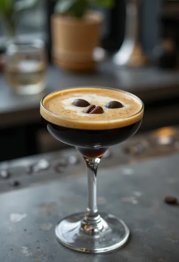 Cóctel Espresso Martini decorado con tres granos de café