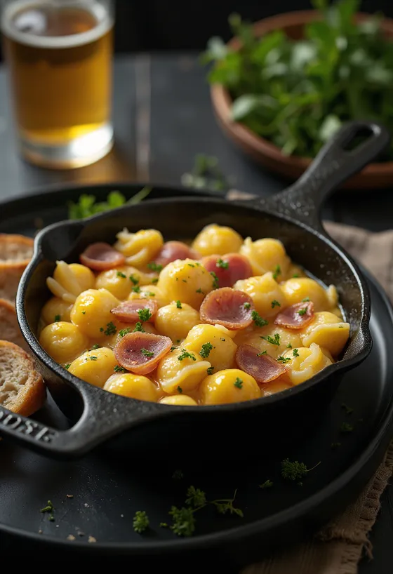 Nokedli con huevo y jamón ahumado servido