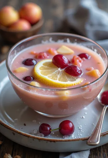 Sopa de frutas refrescante y cremosa con trozos de fruta fresca