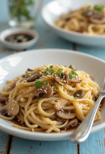 Pastel Tutup servido con setas y fideos de cristal, espolvoreado con semillas de sésamo
