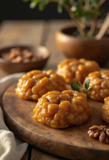 Pé de moleque con azúcar, trozos de nuez crujientes en almíbar de caramelo