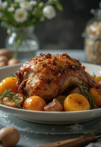 Puercoespín asado a las hierbas servido con verduras asadas.