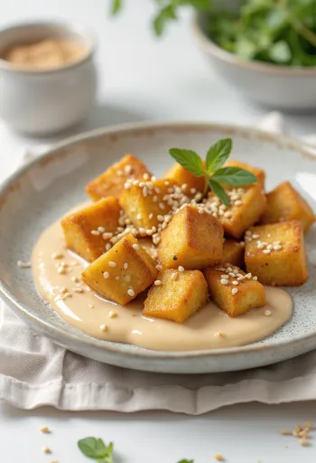 Tofu asado con salsa de tahini servido
