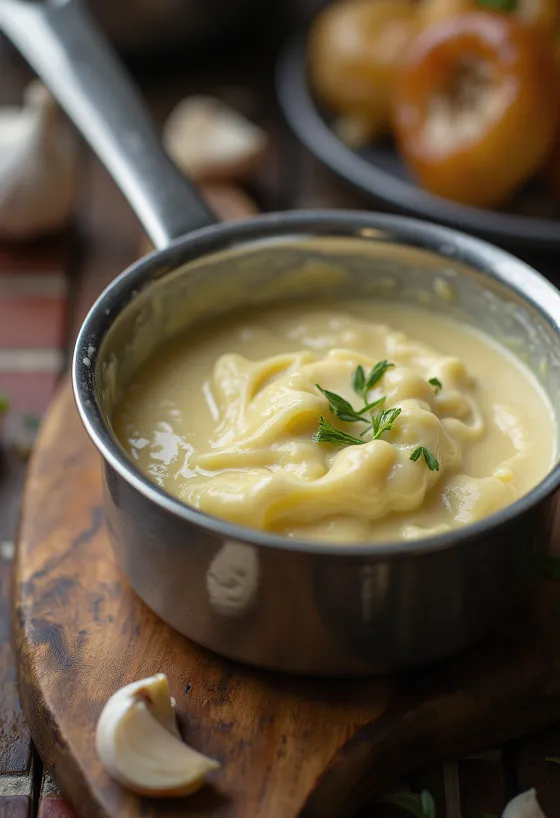 Salsa cremosa de ajo y mantequilla servida