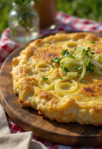 Welsh rarebit servido con puerro, en salsa de queso sobre pan tostado con trozos de puerro fresco