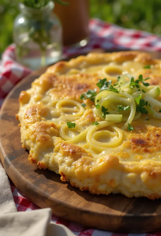 Welsh rarebit servido con puerro, en salsa de queso sobre pan tostado con trozos de puerro fresco