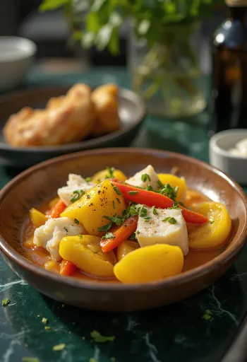 Ackee y bacalao servido con verduras y especias