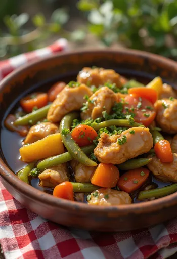Adobo con estofado de verduras, decorado con cilantro fresco