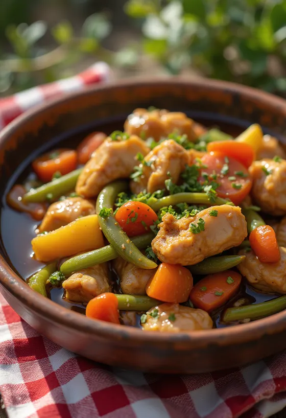Adobo con estofado de verduras, decorado con cilantro fresco