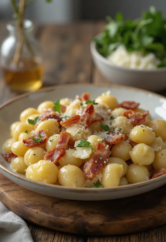 Ñoquis con bacon servidos