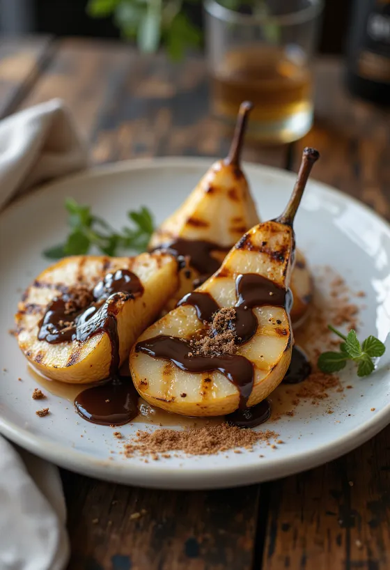 Peras asadas en barbacoa con chocolate fundido servidas