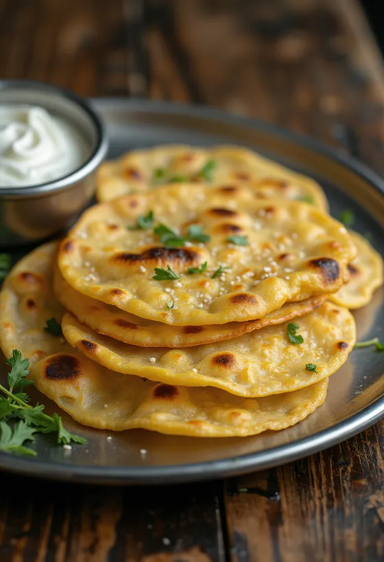 Besan thepla, servido con cilantro fresco y chile, crujiente y delicioso