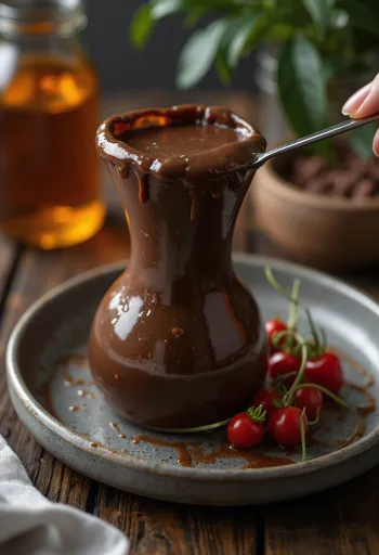 Salsa de chocolate y chile servida con frutas frescas