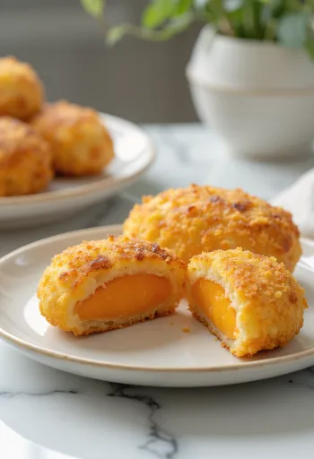 Korokke de boniato, frito crujiente, servido con ensalada fresca