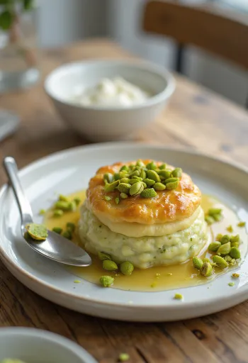 Galaktoboureko con relleno de pistacho, masa filo y relleno de sémola
