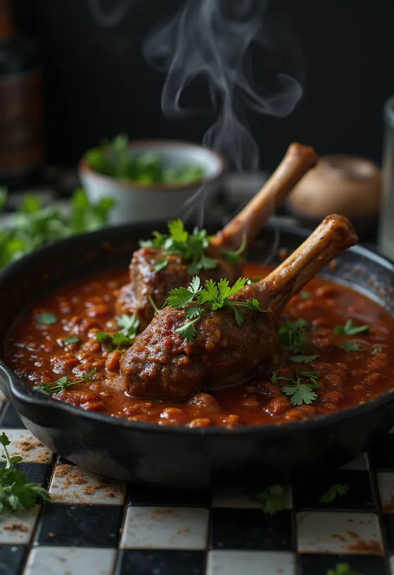 Jarretes de cordero servidos con salsa harissa