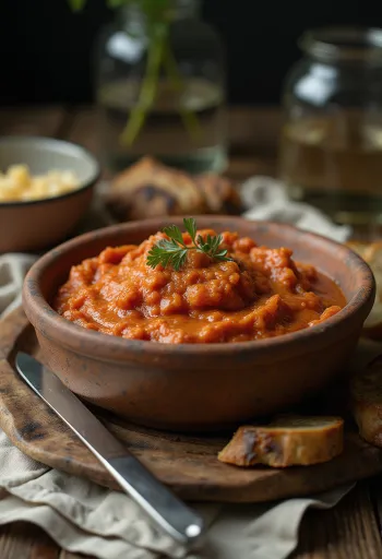 Matbucha con pimentón ahumado, deliciosa salsa de tomate servida