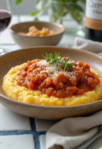 Polenta cremosa servida con salsa de tomate en plato hondo