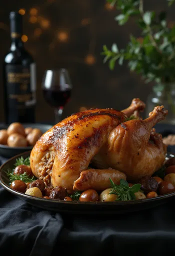 Pavo asado con relleno de castañas servido en bandeja con verduras.