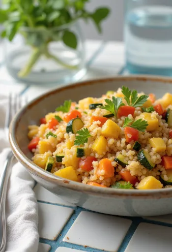 Bulgur con verduras servido con trozos de pimiento fresco, tomate y calabacín
