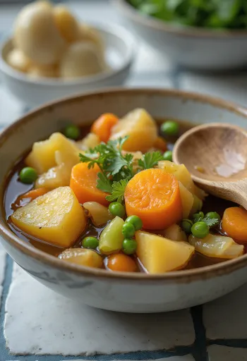 Nikujaga Vegetariano, servido con verduras ricas y deliciosas y cilantro fresco.