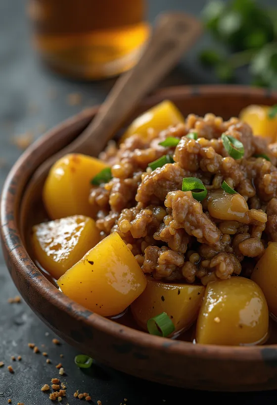 Adobo con patatas, carne especiada y patatas crujientes servidas