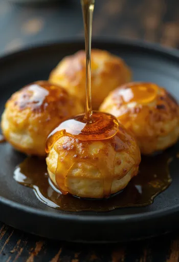 Æbleskiver con sirope de arce, dulces frescos, dorados, servidos con sirope