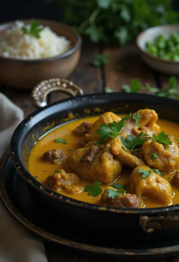 Curry de cabra con laurel, un plato de rico y especiado curry de carne de cabra con abundante leche de coco