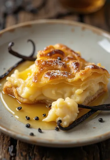 Galaktoboureko con crema de vainilla, masa filo y relleno de sémola