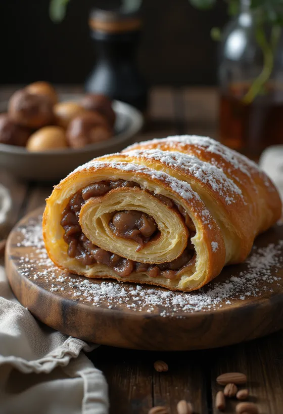Bejgli de castañas cortado y decorado
