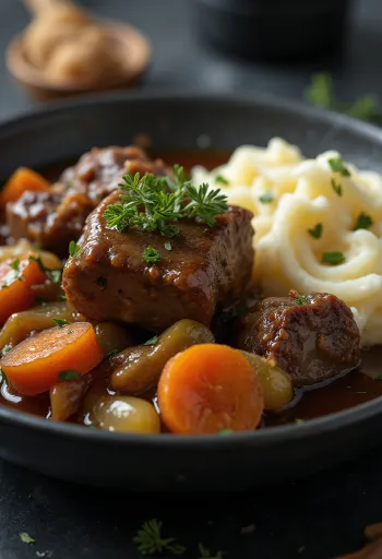 Estofado de paletilla de cordero servido en un plato rústico