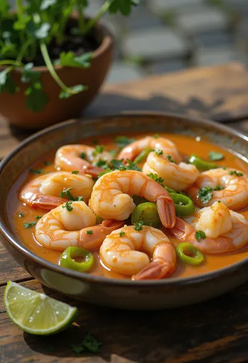 Moqueca de Camarão, plato brasileño de gambas con leche de coco y verduras frescas