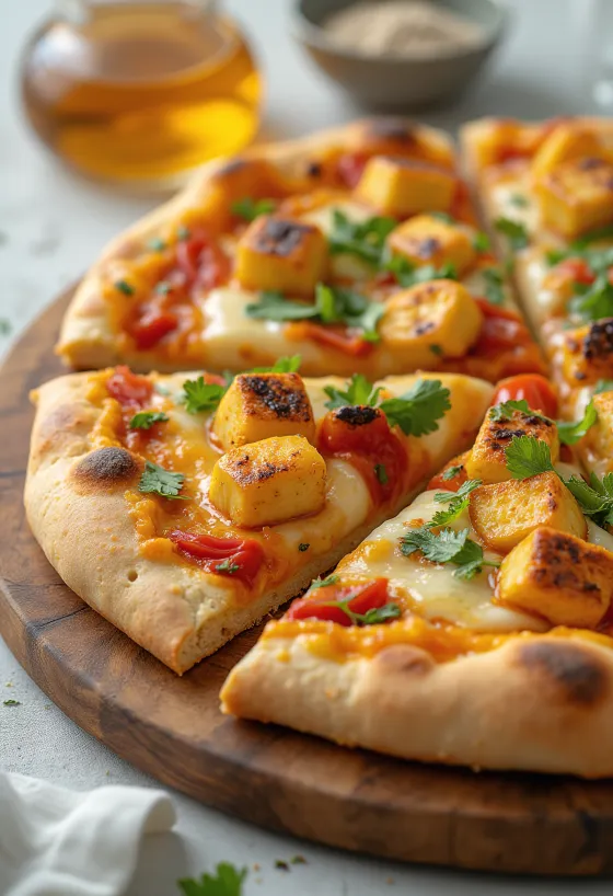 Pizza Paneer Tikka con salsa de yogur y verduras