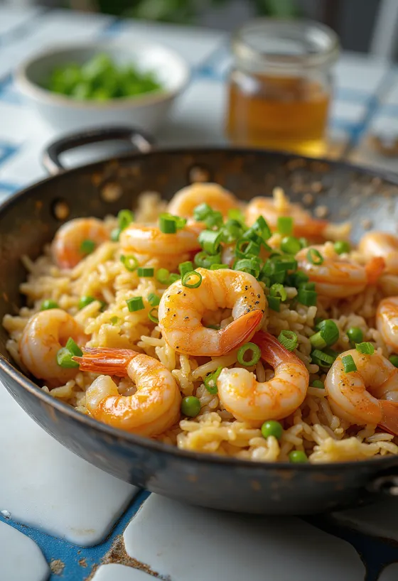 Arroz frito con gambas servido