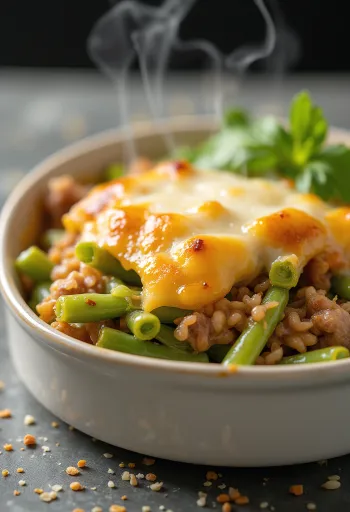 Pastel de judías verdes con nata fresca y queso tostado por encima.