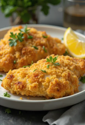 Pechuga de pollo empanada frita dorada servida con ensalada