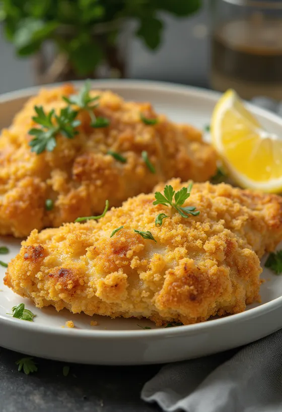 Pechuga de pollo empanada frita dorada servida con ensalada
