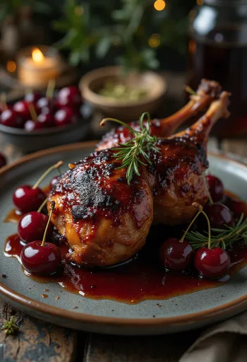 Pato salvaje asado con glaseado de cereza servido en bandeja con hierbas frescas.