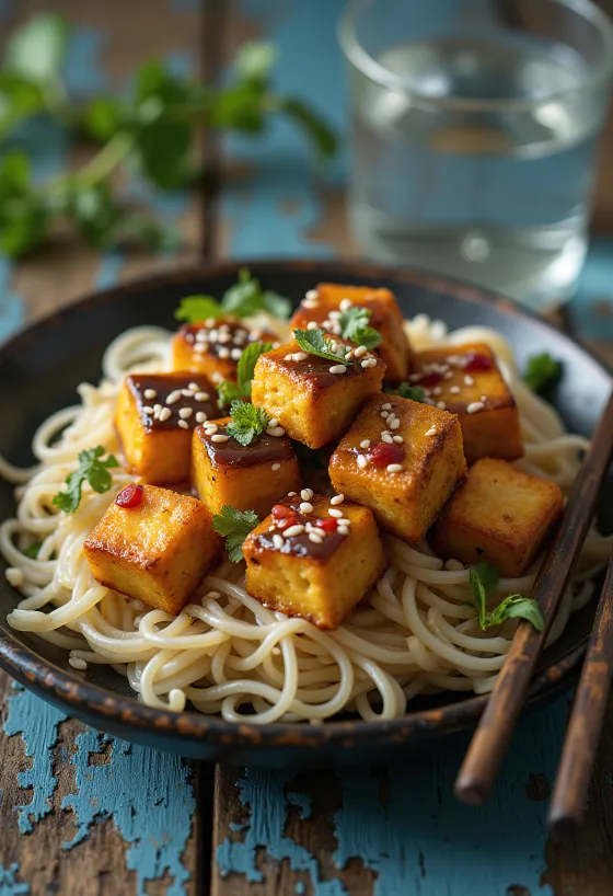 Tofu asado con aliño tailandés servido