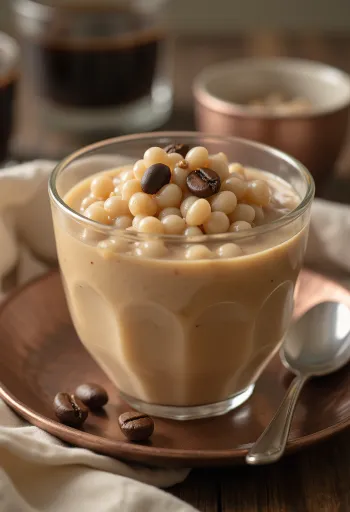 Pudin de tapioca al café, servido en vaso con una capa de café y caramelo
