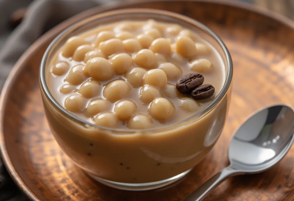 Pudin de tapioca al café, servido en vaso con una capa de café y caramelo