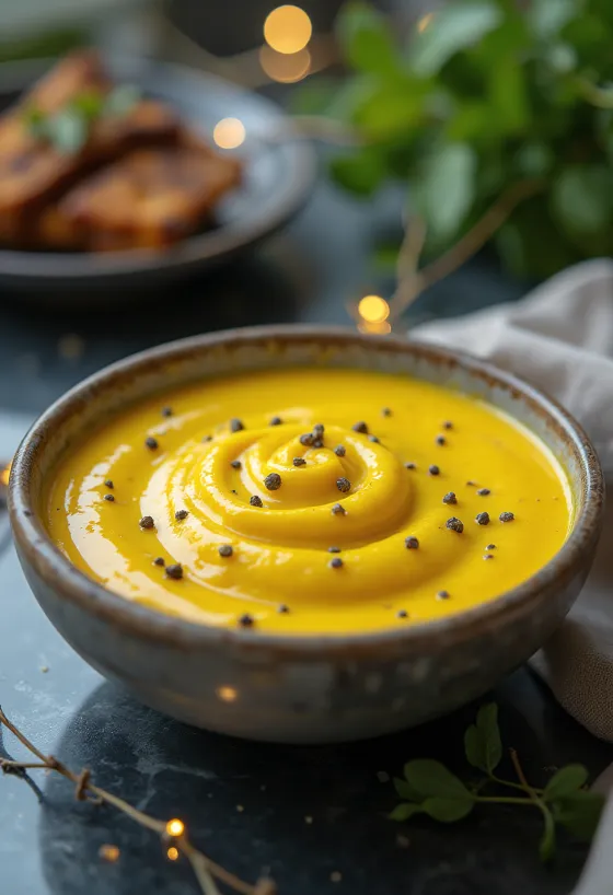 Salsa cremosa de cúrcuma servida con pollo a la parrilla